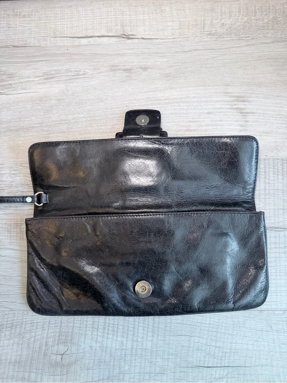 HOBO International Black Leather Clutch Wristlet Buckle Purse
